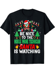 Be Nice to the Mobile Phone Technician Santa - Christmas T-Shirt 180G 100% Cotton Printed Round Neck Short-Sleeve T-Shirt, Gifts for Men Dad Husband Grandpa, S-XXXL, Black