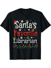 Librarian Xmas Gift Santa's Favorite Librarian Christmas T-Shirt 180G 100% Cotton Printed Round Neck Short-Sleeve T-Shirt, Gifts for Men Dad Husband Grandpa, S-XXXL, Black