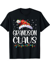 Grandson Claus Xmas Lights Christmas Pajama Matching Family T-Shirt 180G 100% Cotton Printed Round Neck Short-Sleeve T-Shirt, Gifts for Men Dad Husband Grandpa, S-XXXL, Black