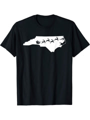 North Carolina Christmas Map Reindeer T-Shirt 180G 100% Cotton Printed Round Neck Short-Sleeve T-Shirt, Gifts for Men Dad Husband Grandpa, S-XXXL, Black