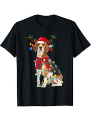 Santa Beagle Reindeer Light Christmas Happy Xmas Puggy Lover T-Shirt 180G 100% Cotton Printed Round Neck Short-Sleeve T-Shirt, Gifts for Men Dad Husband Grandpa, S-XXXL, Black