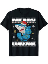 Merry Sharkmas Shark Santa Ugly Christmas Lights Boys Xmas T-Shirt 180G 100% Cotton Printed Round Neck Short-Sleeve T-Shirt, Gifts for Men Dad Husband Grandpa, S-XXXL, Black