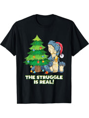The struggle is real T-Rex Christmas tree Santa sweet Dino T-Shirt 180G 100% Cotton Printed Round Neck Short-Sleeve T-Shirt, Gifts for Men Dad Husband Grandpa, S-XXXL, Black