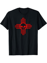 New Mexico Flag Zia Sun Skull T-shirt; State Pride Tee T-Shirt 180G 100% Cotton Printed Round Neck Short-Sleeve T-Shirt, Gifts for Men Dad Husband Grandpa, S-XXXL, Black