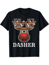 Santa Reindeer Dasher Xmas Group Costume T-Shirt 180G 100% Cotton Printed Round Neck Short-Sleeve T-Shirt, Gifts for Men Dad Husband Grandpa, S-XXXL, Black