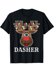 Santa Reindeer Dasher Xmas Group Costume T-Shirt 180G 100% Cotton Printed Round Neck Short-Sleeve T-Shirt, Gifts for Men Dad Husband Grandpa, S-XXXL, Black