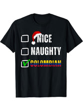 Nice Naughty Colombian Christmas Colombia Heritage Group T-Shirt 180G 100% Cotton Printed Round Neck Short-Sleeve T-Shirt, Gifts for Men Dad Husband Grandpa, S-XXXL, Black