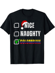 Nice Naughty Colombian Christmas Colombia Heritage Group T-Shirt 180G 100% Cotton Printed Round Neck Short-Sleeve T-Shirt, Gifts for Men Dad Husband Grandpa, S-XXXL, Black