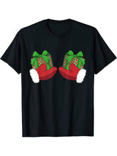 Christmas Boobs Santa Hands Holding Gifts Hand Bra Adult T-Shirt 180G 100% Cotton Printed Round Neck Short-Sleeve T-Shirt, Gifts for Men Dad Husband Grandpa, S-XXXL, Black