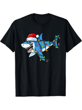Sharkmas Santa Hat Christmas Tree Shark Xmas Lights For Boys T-Shirt 180G 100% Cotton Printed Round Neck Short-Sleeve T-Shirt, Gifts for Men Dad Husband Grandpa, S-XXXL, Black