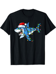 Sharkmas Santa Hat Christmas Tree Shark Xmas Lights For Boys T-Shirt 180G 100% Cotton Printed Round Neck Short-Sleeve T-Shirt, Gifts for Men Dad Husband Grandpa, S-XXXL, Black