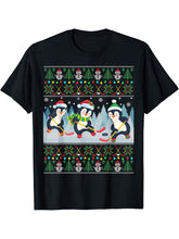 Penguin Playing Hockey Ugly Christmas Sweater Penguin Santa T-Shirt 180G 100% Cotton Printed Round Neck Short-Sleeve T-Shirt, Gifts for Men Dad Husband Grandpa, S-XXXL, Black