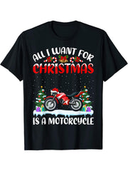 Funny Santa Hat All I Want For Christmas Is A Motorcycle T-Shirt 180G 100% Cotton Printed Round Neck Short-Sleeve T-Shirt, Gifts for Men Dad Husband Grandpa, S-XXXL, Black