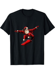 Santa Snowboarding Christmas Pajama Snowboard Sport X-Mas T-Shirt 180G 100% Cotton Printed Round Neck Short-Sleeve T-Shirt, Gifts for Men Dad Husband Grandpa, S-XXXL, Black
