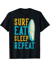 Surf Eat Sleep Repeat for Surfer and Surfers T-Shirt 180G 100% Cotton Printed Round Neck Short-Sleeve T-Shirt, Gifts for Men Dad Husband Grandpa, S-XXXL, Black