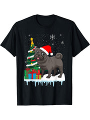 Cute Black Pug Santa Hat Funny Matching Christmas Fun T-Shirt 180G 100% Cotton Printed Round Neck Short-Sleeve T-Shirt, Gifts for Men Dad Husband Grandpa, S-XXXL, Black