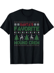 Santa's Favorite Wound Crew Ugly Christmas Sweater T-Shirt 180G 100% Cotton Printed Round Neck Short-Sleeve T-Shirt, Gifts for Men Dad Husband Grandpa, S-XXXL, Black