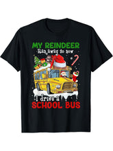 My Reindeer Ran Away Now I Drive A School Bus Santa Xmas T-Shirt 180G 100% Cotton Printed Round Neck Short-Sleeve T-Shirt, Gifts for Men Dad Husband Grandpa, S-XXXL, Black
