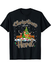 Christmas With My Herd Light Santa Reindeer Farmer Leopard T-Shirt 180G 100% Cotton Printed Round Neck Short-Sleeve T-Shirt, Gifts for Men Dad Husband Grandpa, S-XXXL, Black