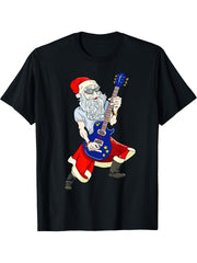 Santa Guitar Player Guitarist Rock Musician T-Shirt 180G 100% Cotton Printed Round Neck Short-Sleeve T-Shirt, Gifts for Men Dad Husband Grandpa, S-XXXL, Black