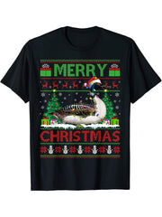 Loon Bird Lover Xmas Lighting Santa Ugly Loon Christmas T-Shirt 180G 100% Cotton Printed Round Neck Short-Sleeve T-Shirt, Gifts for Men Dad Husband Grandpa, S-XXXL, Black