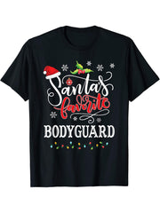 Santa's Favorite Bodyguard Christmas Bodyguard's Xmas T-Shirt 180G 100% Cotton Printed Round Neck Short-Sleeve T-Shirt, Gifts for Men Dad Husband Grandpa, S-XXXL, Black