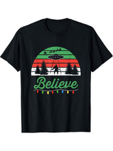 Bigfoot Believe UFO Aliens Santa Claus Reindeer Christmas T-Shirt 180G 100% Cotton Printed Round Neck Short-Sleeve T-Shirt, Gifts for Men Dad Husband Grandpa, S-XXXL, Black