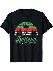 Bigfoot Believe UFO Aliens Santa Claus Reindeer Christmas T-Shirt 180G 100% Cotton Printed Round Neck Short-Sleeve T-Shirt, Gifts for Men Dad Husband Grandpa, S-XXXL, Black