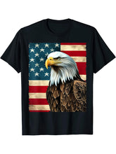America Bald Eagle 4th of July USA Flag T-Shirt 180G 100% Cotton Printed Round Neck Short-Sleeve T-Shirt, Gifts for Men Dad Husband Grandpa, S-XXXL, Black