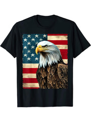 America Bald Eagle 4th of July USA Flag T-Shirt 180G 100% Cotton Printed Round Neck Short-Sleeve T-Shirt, Gifts for Men Dad Husband Grandpa, S-XXXL, Black