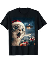 Funny Cat Selfie Santa Ufo Xmas Christmas T-Shirt 180G 100% Cotton Printed Round Neck Short-Sleeve T-Shirt, Gifts for Men Dad Husband Grandpa, S-XXXL, Black