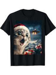 Funny Cat Selfie Santa Ufo Xmas Christmas T-Shirt 180G 100% Cotton Printed Round Neck Short-Sleeve T-Shirt, Gifts for Men Dad Husband Grandpa, S-XXXL, Black