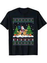 Santa Riding Golden Retriever Dog Tree Lights Xmas Sweater T-Shirt 180G 100% Cotton Printed Round Neck Short-Sleeve T-Shirt, Gifts for Men Dad Husband Grandpa, S-XXXL, Black
