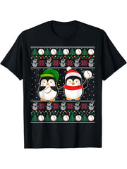 Penguin Santa Hat Christmas Lights Baseball Ugly Christmas T-Shirt 180G 100% Cotton Printed Round Neck Short-Sleeve T-Shirt, Gifts for Men Dad Husband Grandpa, S-XXXL, Black