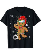 Gingerbread Santa Hat Playing Soccer Christmas Tree Lights T-Shirt 180G 100% Cotton Printed Round Neck Short-Sleeve T-Shirt, Gifts for Men Dad Husband Grandpa, S-XXXL, Black
