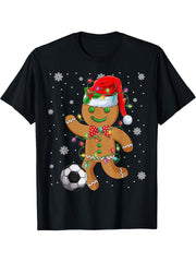 Gingerbread Santa Hat Playing Soccer Christmas Tree Lights T-Shirt 180G 100% Cotton Printed Round Neck Short-Sleeve T-Shirt, Gifts for Men Dad Husband Grandpa, S-XXXL, Black