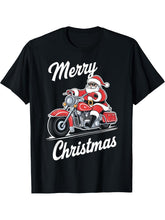 Merry Christmas Santa Riding Motorcycle Biker Lover Xmas T-Shirt 180G 100% Cotton Printed Round Neck Short-Sleeve T-Shirt, Gifts for Men Dad Husband Grandpa, S-XXXL, Black