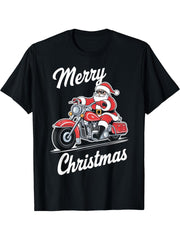 Merry Christmas Santa Riding Motorcycle Biker Lover Xmas T-Shirt 180G 100% Cotton Printed Round Neck Short-Sleeve T-Shirt, Gifts for Men Dad Husband Grandpa, S-XXXL, Black