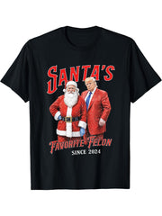Santa's Favorite Felon Since 2024 Christmas Funny Trump Xmas T-Shirt 180G 100% Cotton Printed Round Neck Short-Sleeve T-Shirt, Gifts for Men Dad Husband Grandpa, S-XXXL, Black