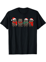 Wombat Santa Christmas Lights T-Shirt 180G 100% Cotton Printed Round Neck Short-Sleeve T-Shirt, Gifts for Men Dad Husband Grandpa, S-XXXL, Black