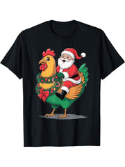Santa Riding A Christmas Chicken T-Shirt 180G 100% Cotton Printed Round Neck Short-Sleeve T-Shirt, Gifts for Men Dad Husband Grandpa, S-XXXL, Black