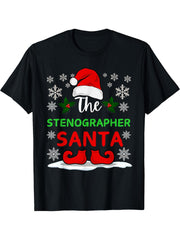 The Stenographer Santa Claus Christmas Day Xmas T-Shirt 180G 100% Cotton Printed Round Neck Short-Sleeve T-Shirt, Gifts for Men Dad Husband Grandpa, S-XXXL, Black