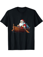 Santa in a Boat Rowing Funny Santa Claus Holiday Festive T-Shirt 180G 100% Cotton Printed Round Neck Short-Sleeve T-Shirt, Gifts for Men Dad Husband Grandpa, S-XXXL, Black