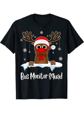 Bus Monitor Squad Xmas Reindeer Santa Hat Christmas party T-Shirt 180G 100% Cotton Printed Round Neck Short-Sleeve T-Shirt, Gifts for Men Dad Husband Grandpa, S-XXXL, Black