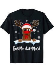 Bus Monitor Squad Xmas Reindeer Santa Hat Christmas party T-Shirt 180G 100% Cotton Printed Round Neck Short-Sleeve T-Shirt, Gifts for Men Dad Husband Grandpa, S-XXXL, Black
