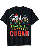 Santa's Favorite Cuban Xmas Light Santa Hat Christmas Gift T-Shirt 180G 100% Cotton Printed Round Neck Short-Sleeve T-Shirt, Gifts for Men Dad Husband Grandpa, S-XXXL, Black