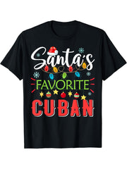 Santa's Favorite Cuban Xmas Light Santa Hat Christmas Gift T-Shirt 180G 100% Cotton Printed Round Neck Short-Sleeve T-Shirt, Gifts for Men Dad Husband Grandpa, S-XXXL, Black