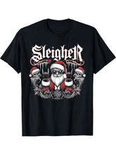 Sleigher Skull Santa Rock n’ Roll Christmas Metal T-Shirt 180G 100% Cotton Printed Round Neck Short-Sleeve T-Shirt, Gifts for Men Dad Husband Grandpa, S-XXXL, Black