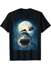 Funny Shark Selfie Santa Moon Xmas Christmas T-Shirt 180G 100% Cotton Printed Round Neck Short-Sleeve T-Shirt, Gifts for Men Dad Husband Grandpa, S-XXXL, Black