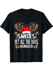 Santa's Pet All The Dogs Reindeer Christmas Pajama T-Shirt 180G 100% Cotton Printed Round Neck Short-Sleeve T-Shirt, Gifts for Men Dad Husband Grandpa, S-XXXL, Black